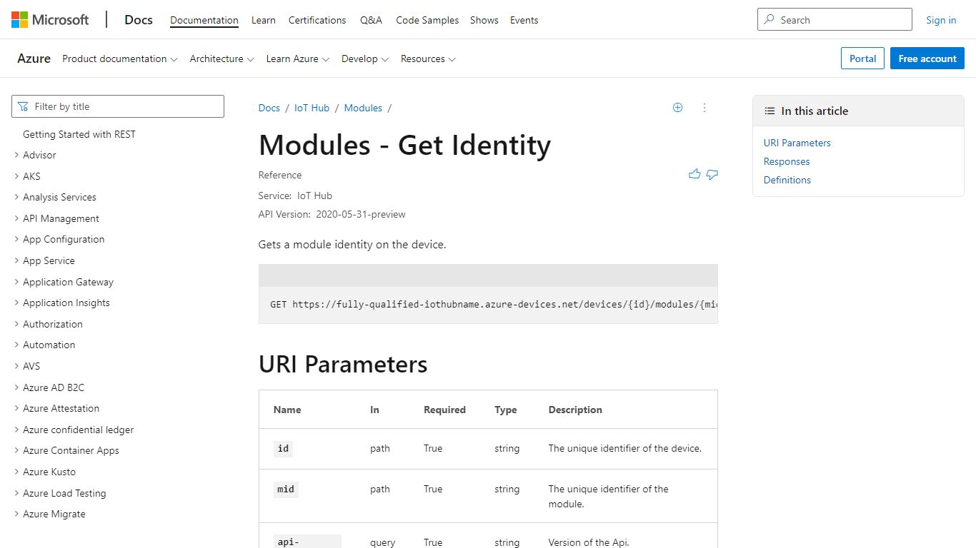 Modules - Get Identity - REST API (Azure IoT Hub)